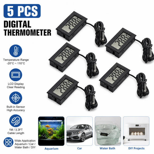 5PCS FY-10 Mini LCD Digital Thermometer, Built-in Temperature Tester, Aquarium/Car/Water Bath Temperature Sensor, Temperature Monitor, Built-in Temperature Sensor, 1M Cable Length