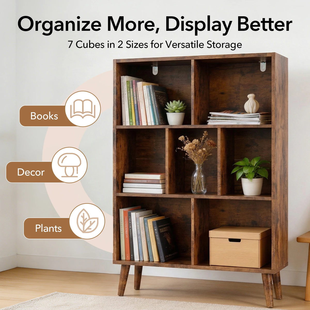 Classic Wooden Bookcase With Storage Organizer And Display Shelves