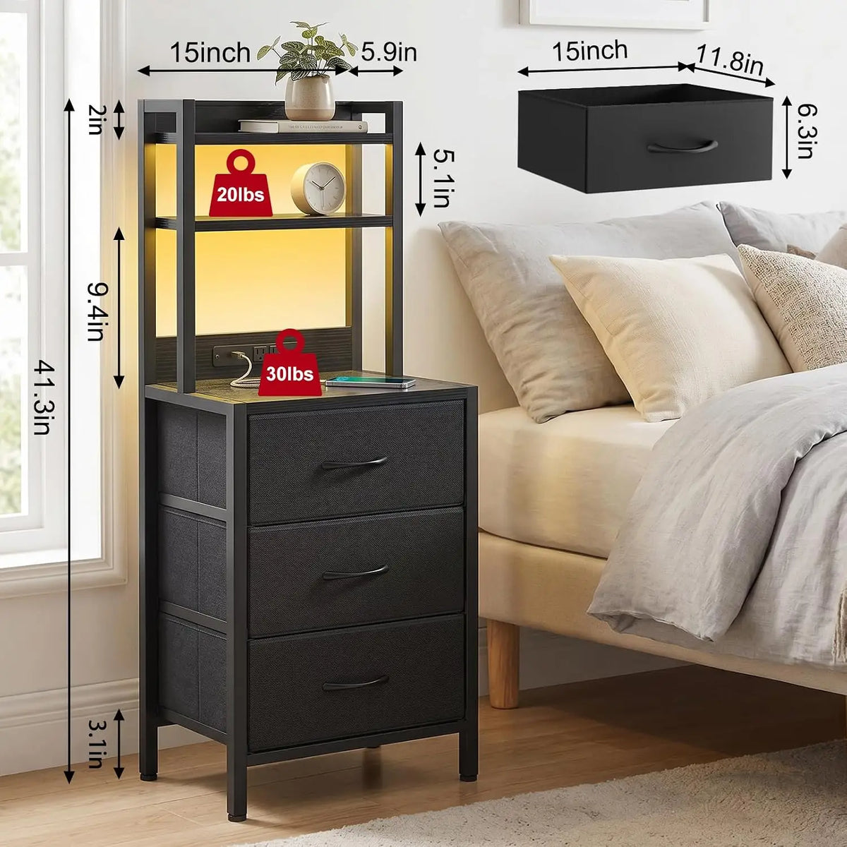Fixwal 41 Inch Tall Nightstand with Charging Station for Dorm, Black