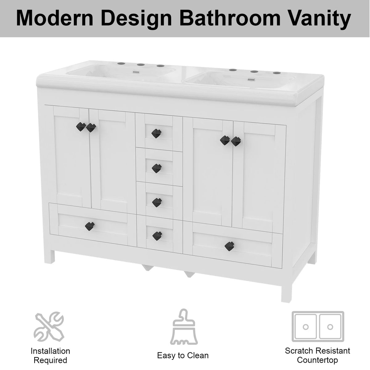 47.3 Inch White Bathroom Vanity Double Ceramic Sink Freestanding Cabinet with Doors & Drawers Modern Bathroom Storage Vanity Cabinet with Sink Combo