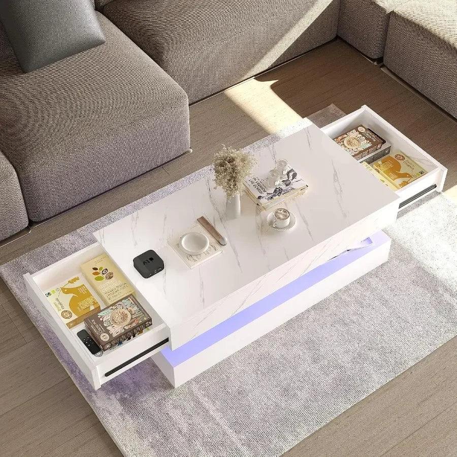 Modern Gloss LED Center Table With Two Tier Storage Drawers