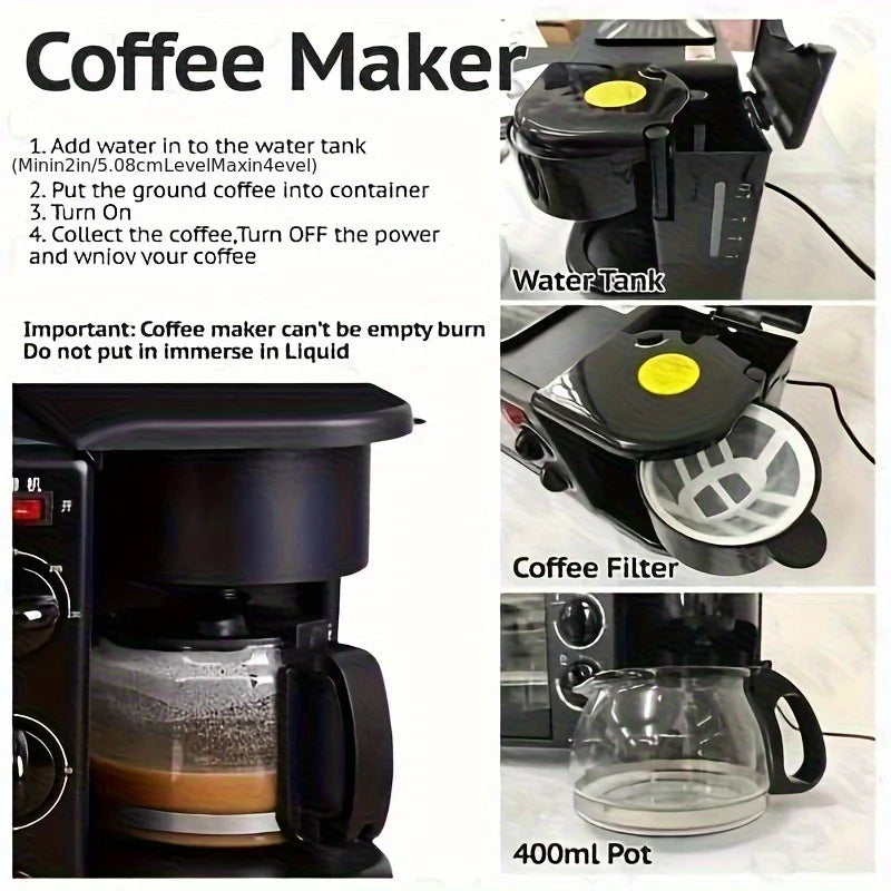 3-in-1 Breakfast Machine with Automatic Shutoff Non-Stick Coating for Easy Cleaning Sear Eggs Toast Bread Make Coffee Timer Function