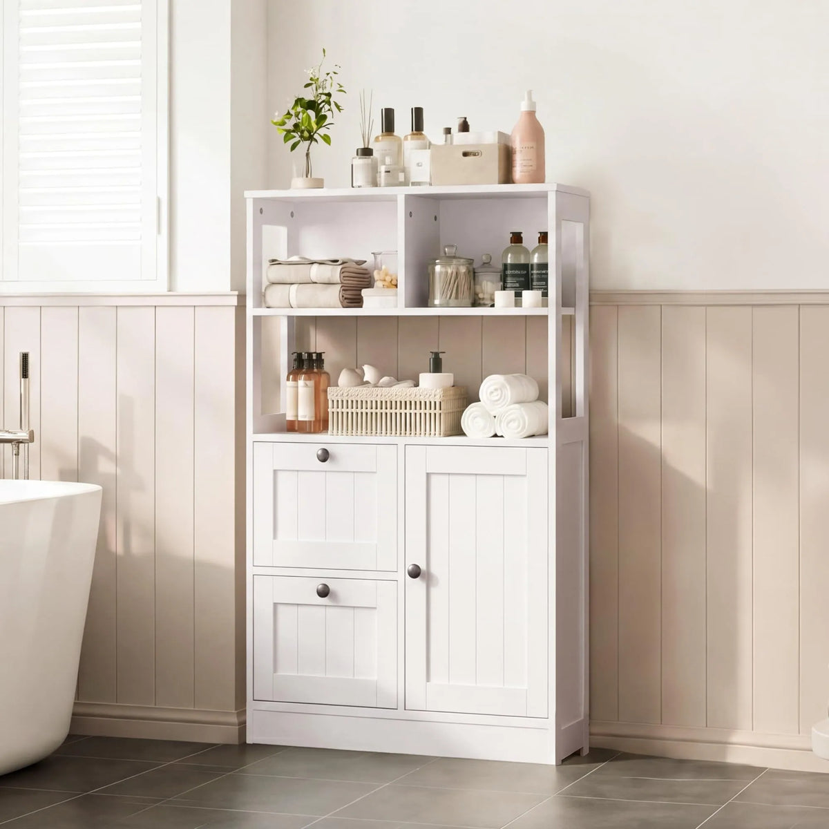 Freestanding Farmhouse Bathroom Storage Cabinet With Adjustable Shelves