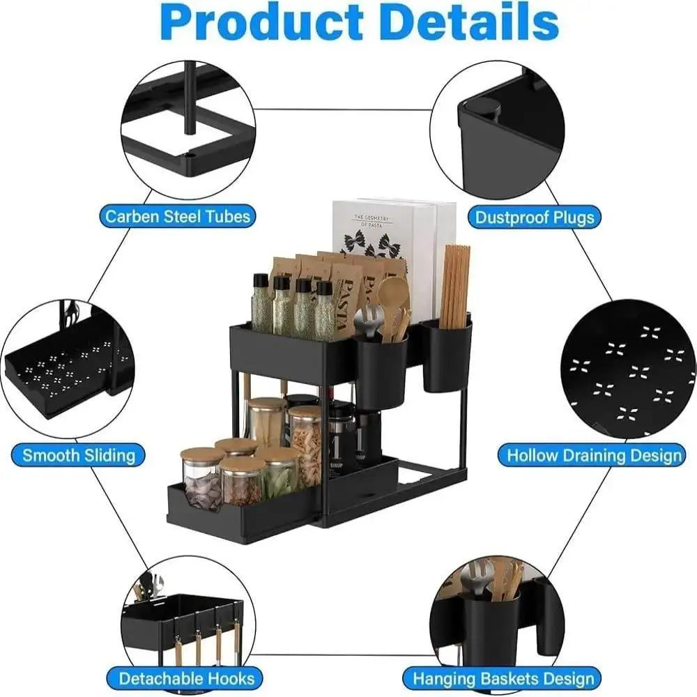 Two Tier Sliding Under Sink Organizer With Side Hooks