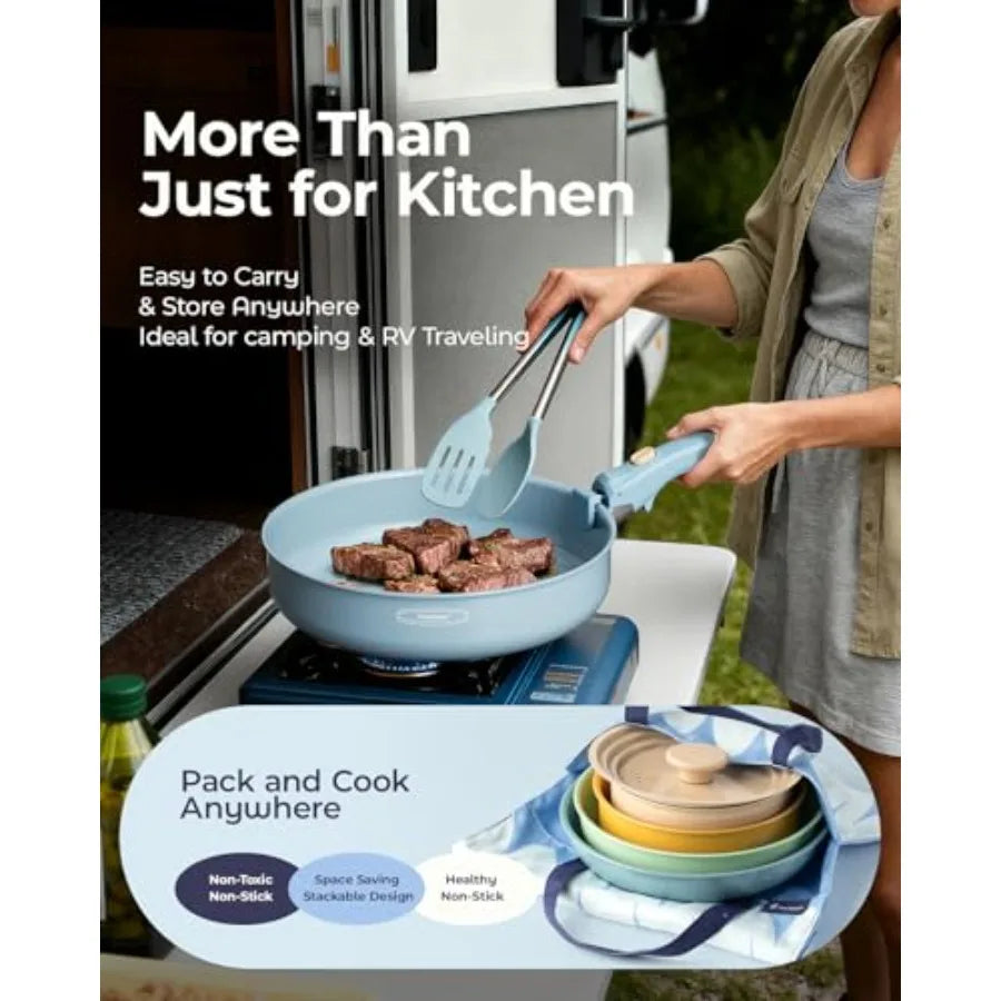 Stainless Steel Camping Cookware Set With Detachable Handles