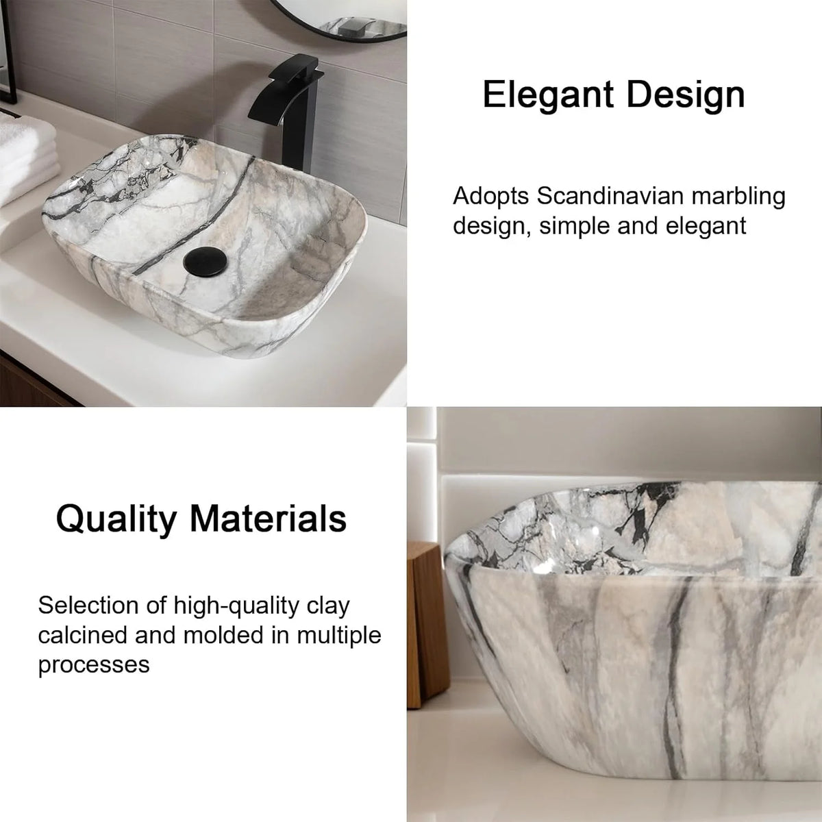Mekkhala Ceramic Rectangular Bathroom Vessel Sink Set With Faucet