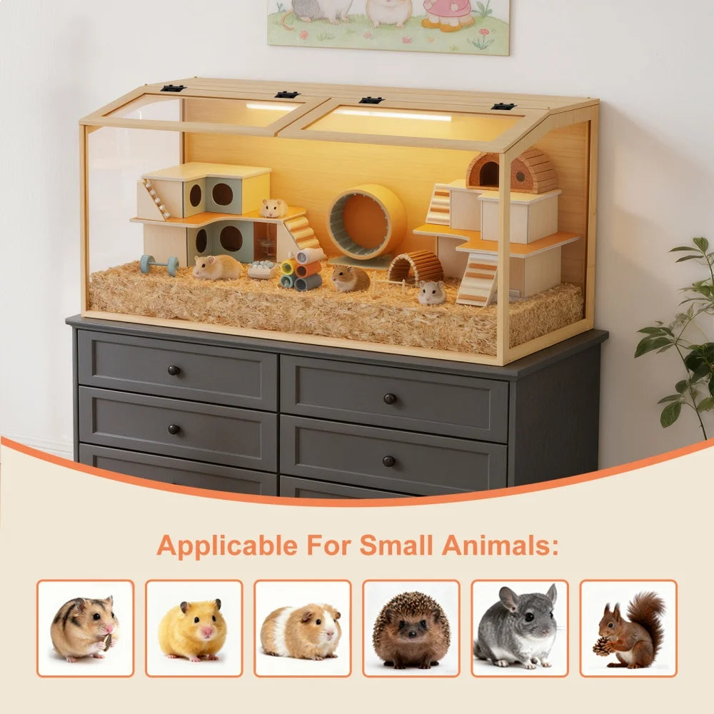 Wooden Hamster Habitat With Tempered Glass And LED Lighting
