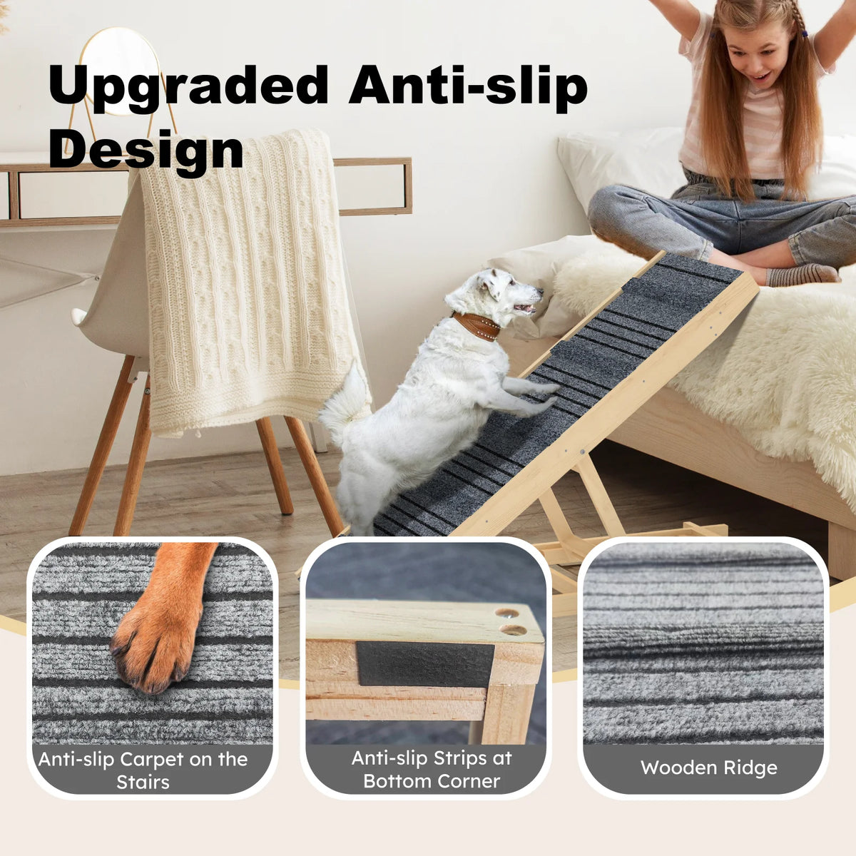 EVOKEDEN Adjustable Folding Wooden Pet Ramp For Dogs And Cats