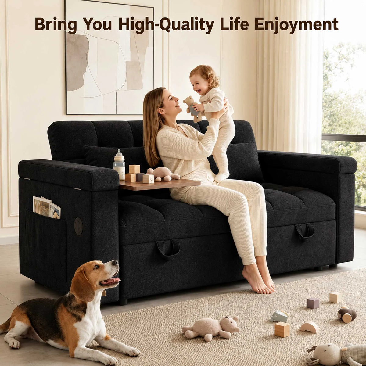 Adjustable Foldable Velvet Sofa Bed With Usb Charging And Storage