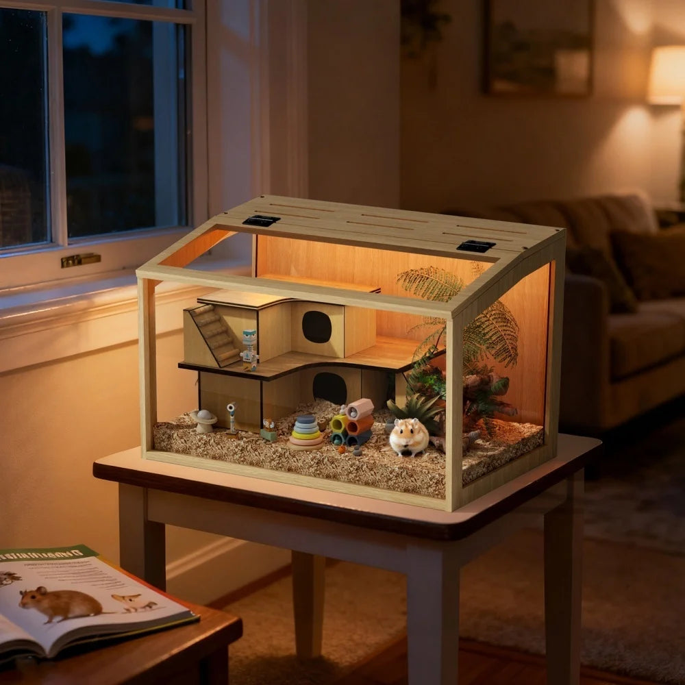 Wooden Hamster Habitat With Tempered Glass And LED Lighting