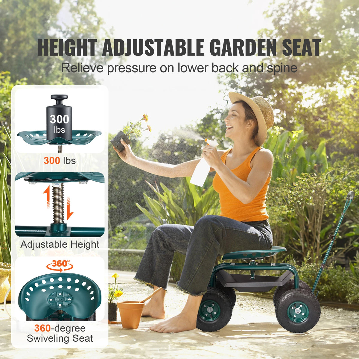 SucceBuy Swivel Seat Garden Cart With Wheels And Steering