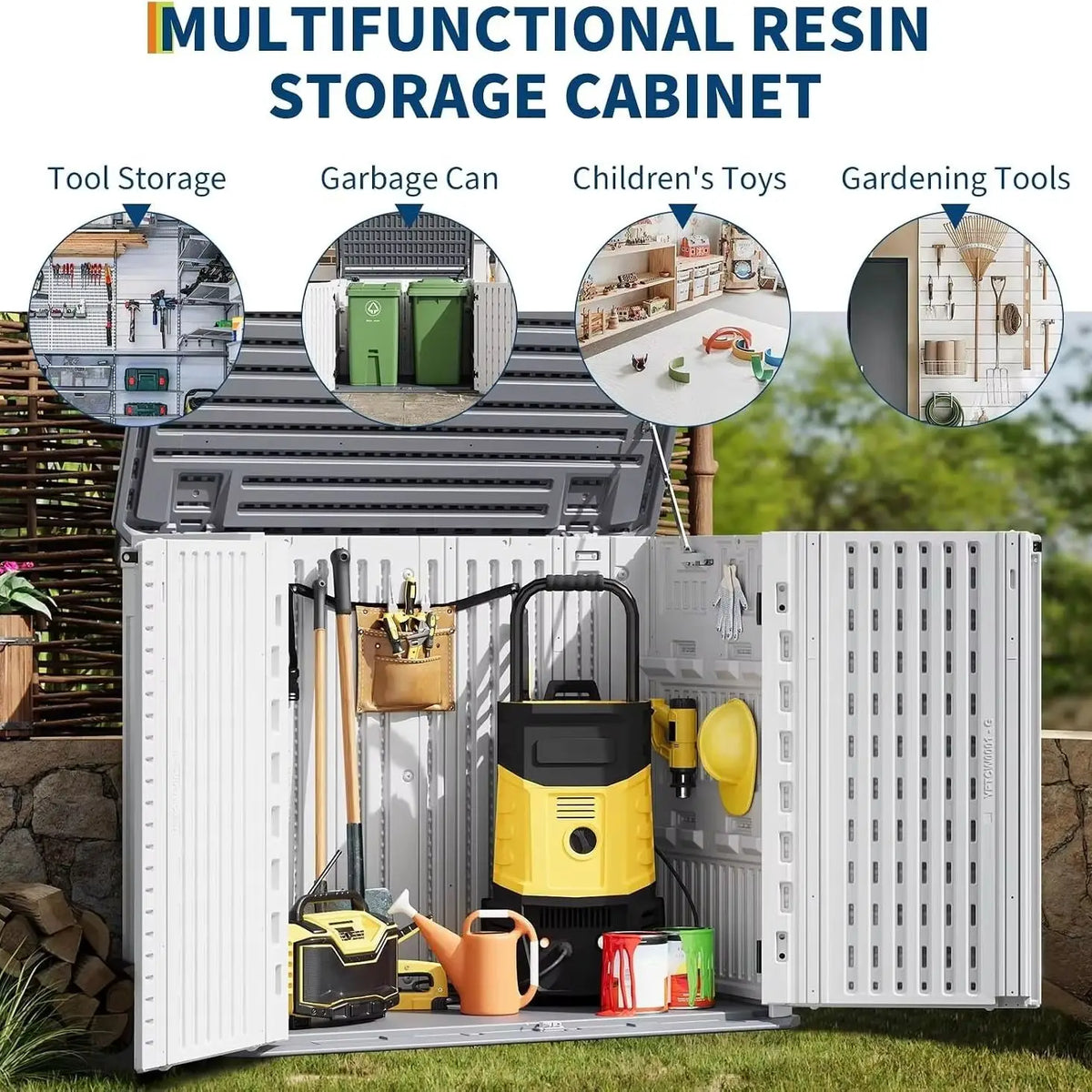 35 Cu Ft Outdoor Storage Cabinet Waterproof Resin Storage Shed with Lockable Door Garden Tool Storage Box for Trash Cans Lawn Mower Generator Patio Backyard Organization