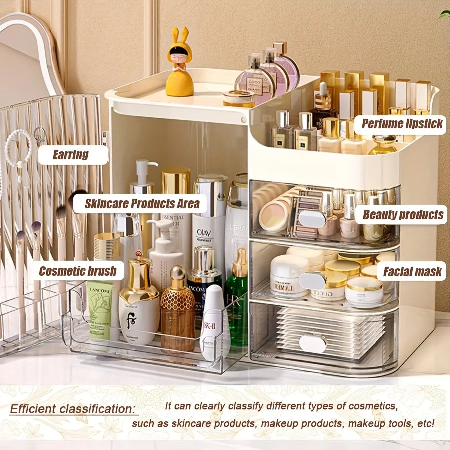 Beige Cosmetic Storage Box High Capacity Dustproof Makeup Organizer with Multi Drawers & Brush Holder for Desktop Dresser Home