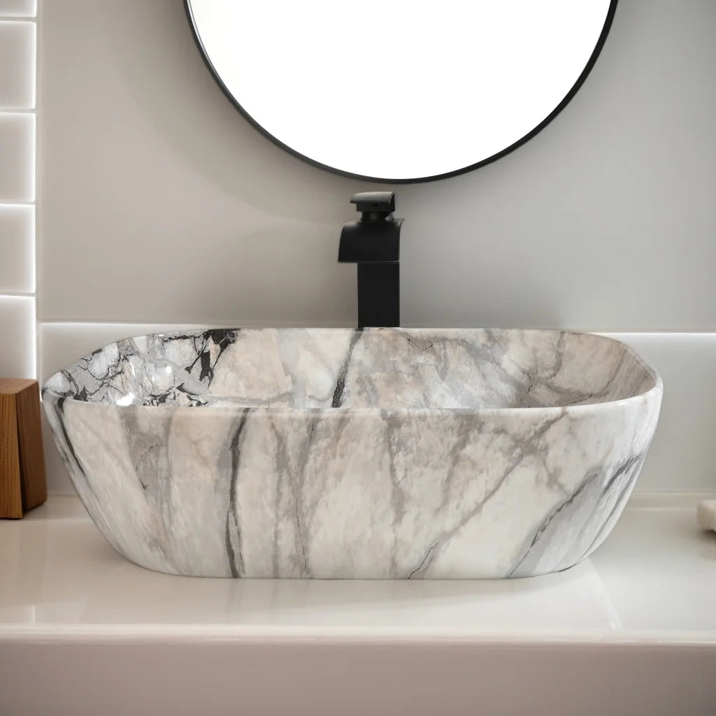 Mekkhala Ceramic Rectangular Bathroom Vessel Sink Set With Faucet
