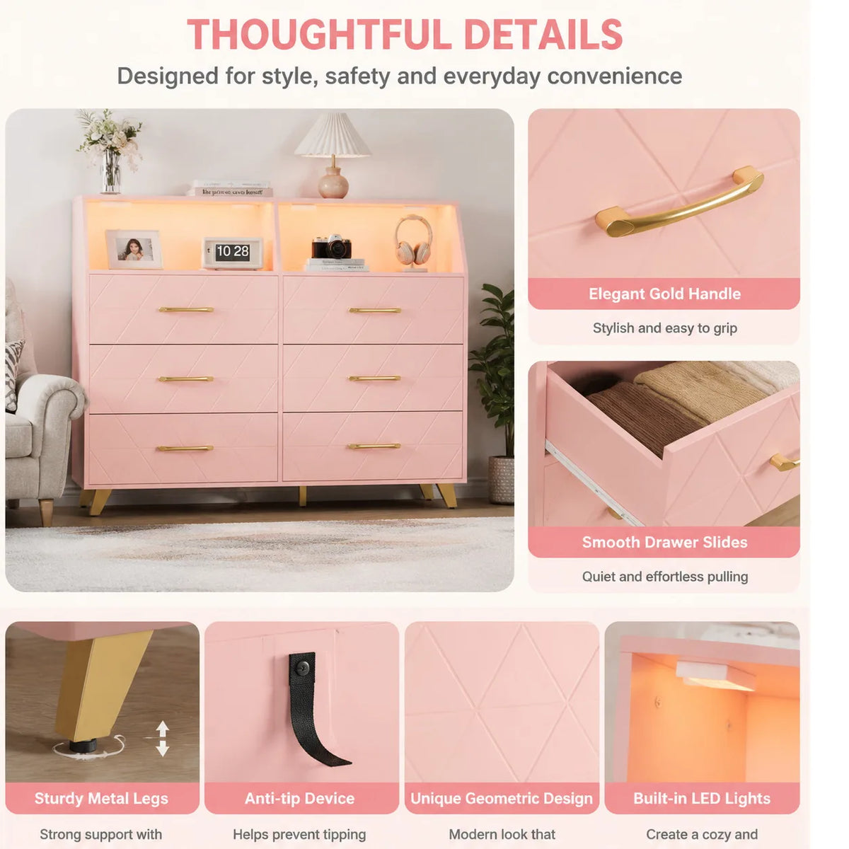 Six Drawer Wooden Dresser With Integrated Led Charging Station