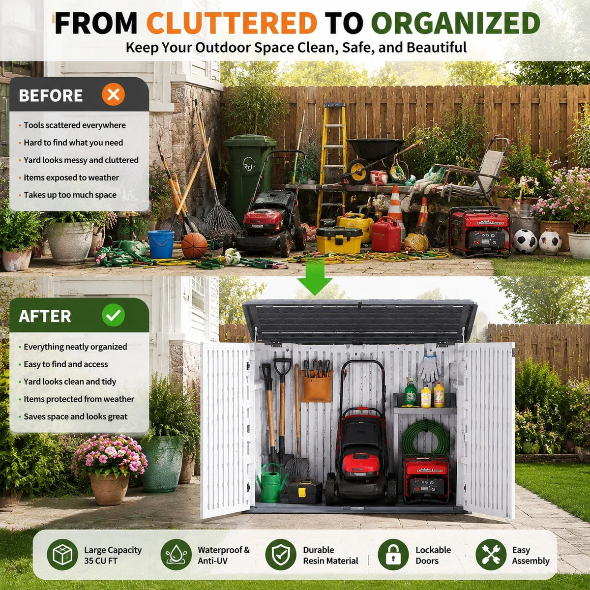 35 Cu Ft Outdoor Storage Cabinet Waterproof Resin Storage Shed with Lockable Door Garden Tool Storage Box for Trash Cans Lawn Mower Generator Patio Backyard Organization