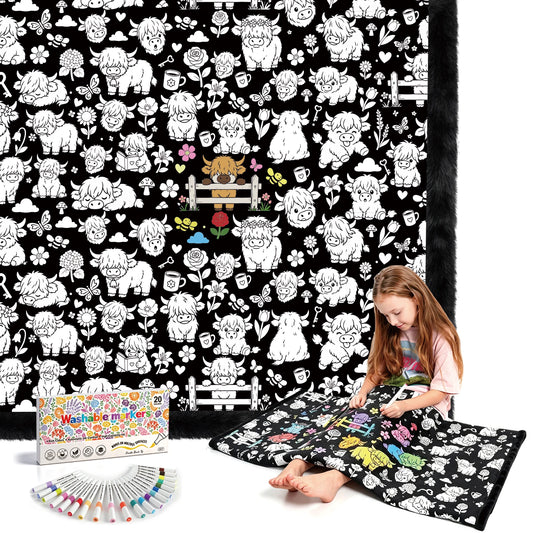 Washable Coloring Blanket With Markers, Highland Cattle Doodle Mat