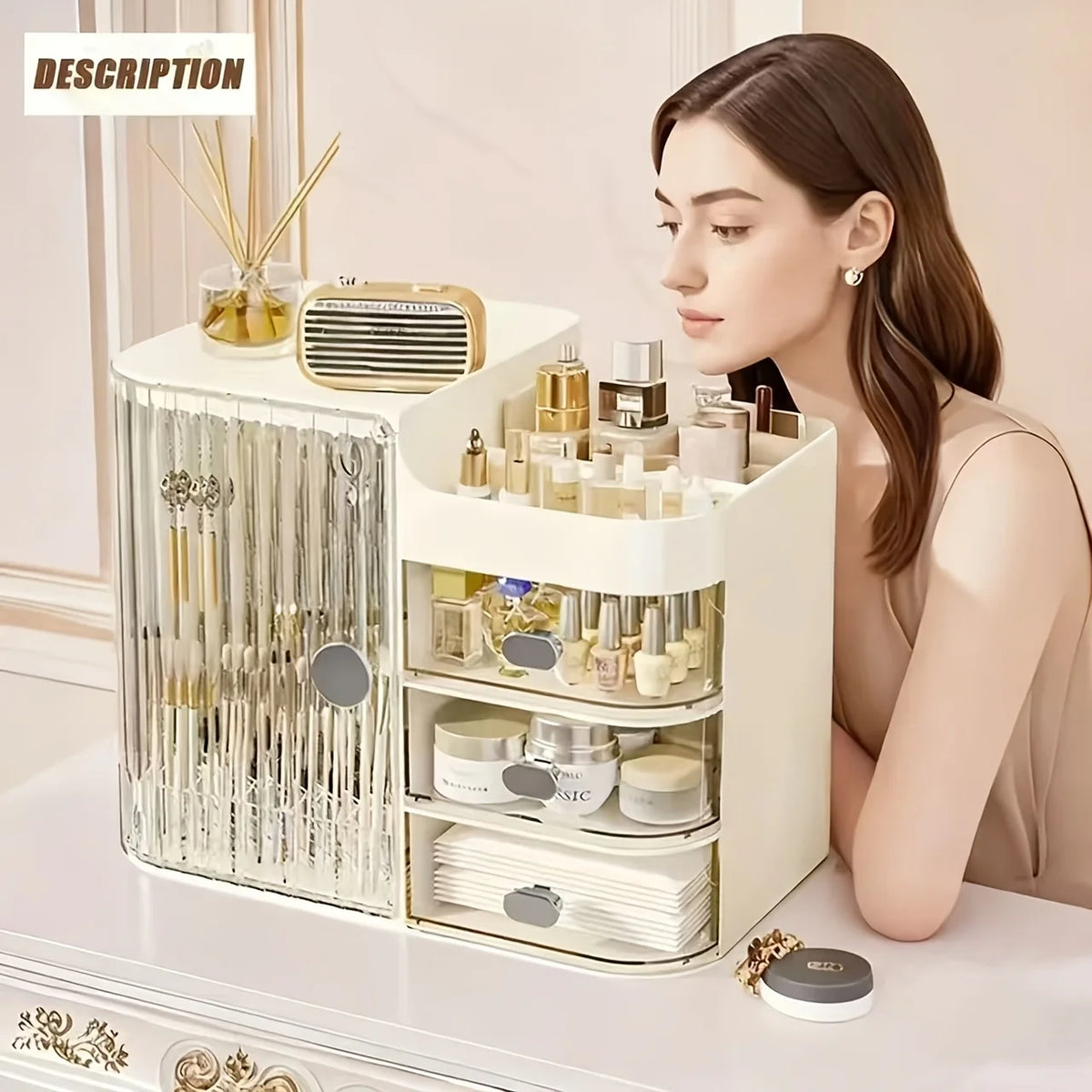 Beige Cosmetic Storage Box High Capacity Dustproof Makeup Organizer with Multi Drawers & Brush Holder for Desktop Dresser Home