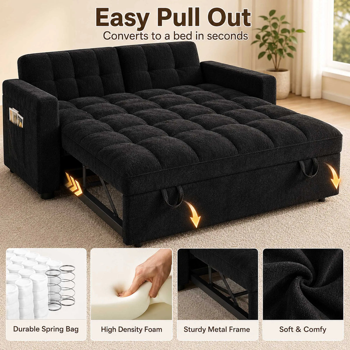 Adjustable Foldable Velvet Sofa Bed With Usb Charging And Storage