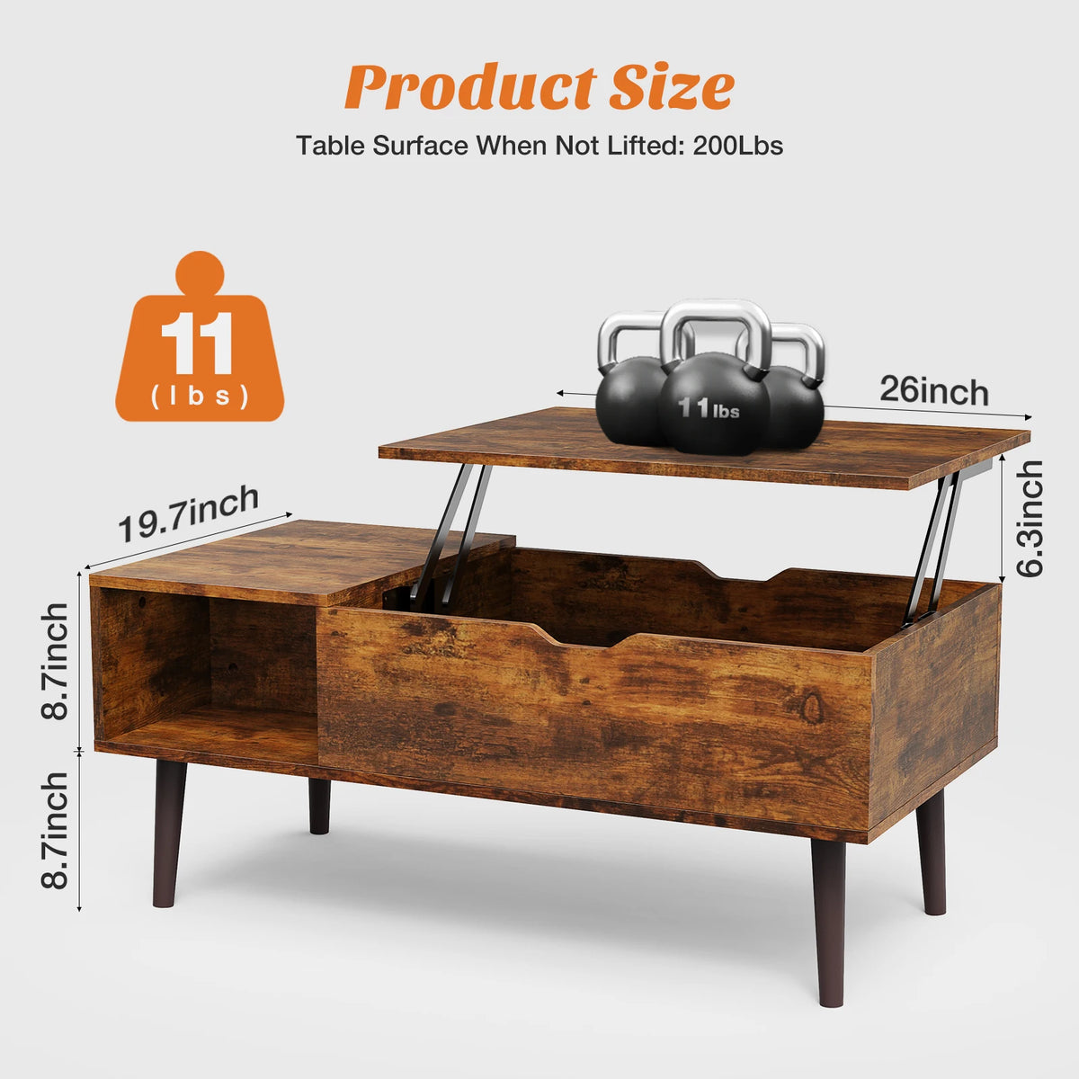 MCQ Lift Top Wooden Coffee Table With Adjustable Storage Shelf
