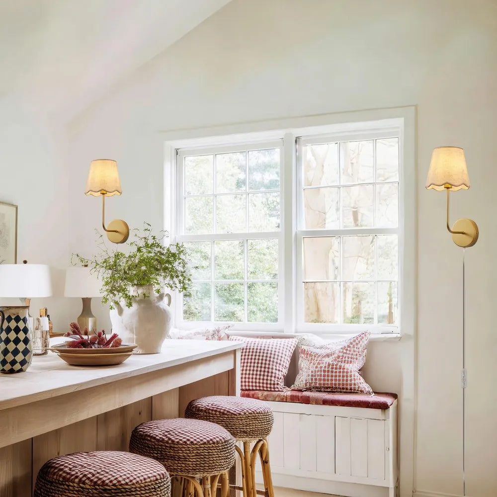 Boho Wall Sconces With Flower Linen Shade And Brass Finish