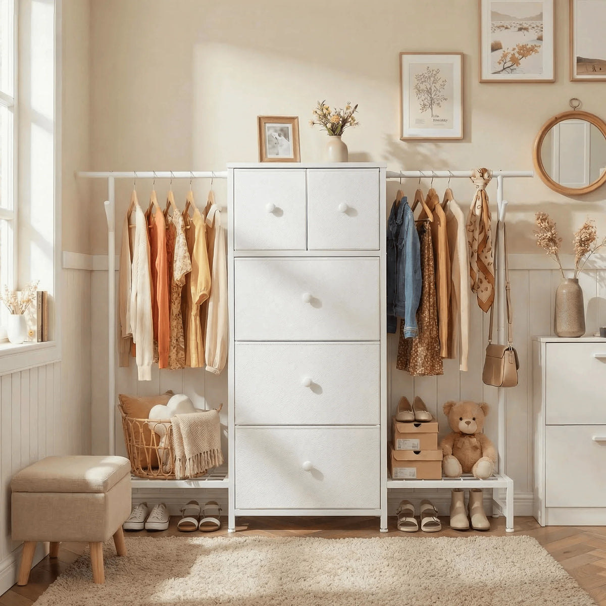 EnHomee 3-In-1 Dresser And Hanging Rack With Five Drawers