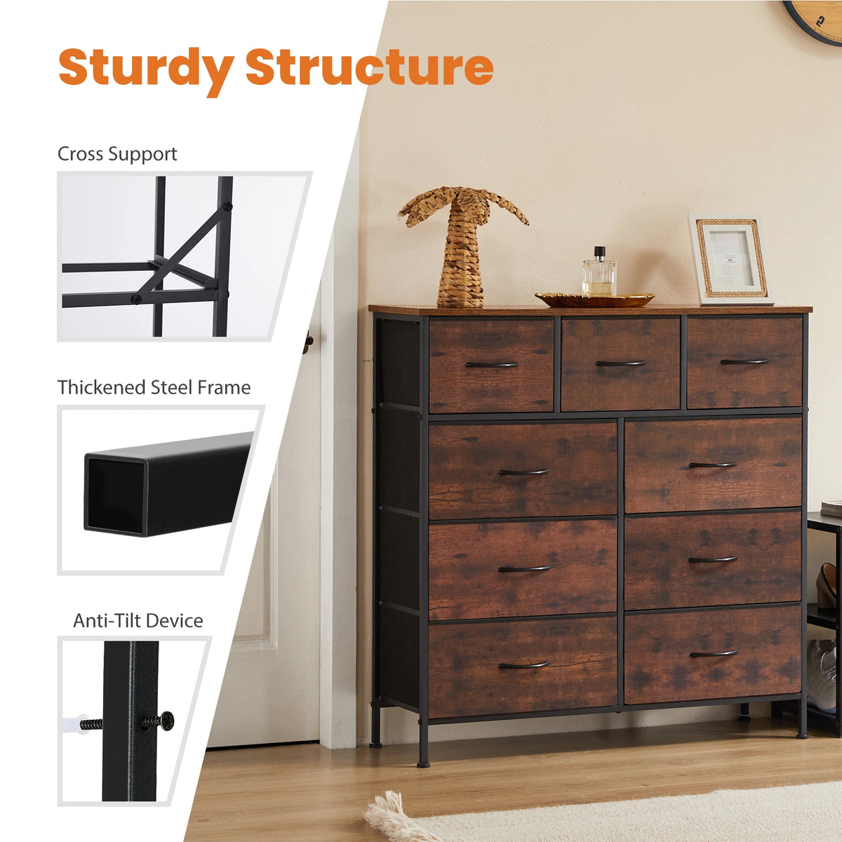 JHK 9 Drawer Fabric Wardrobe Dresser With Storage Chest