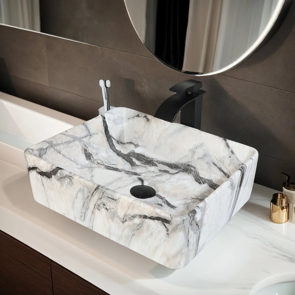 Mekkhala Ceramic Rectangular Bathroom Vessel Sink Set With Faucet