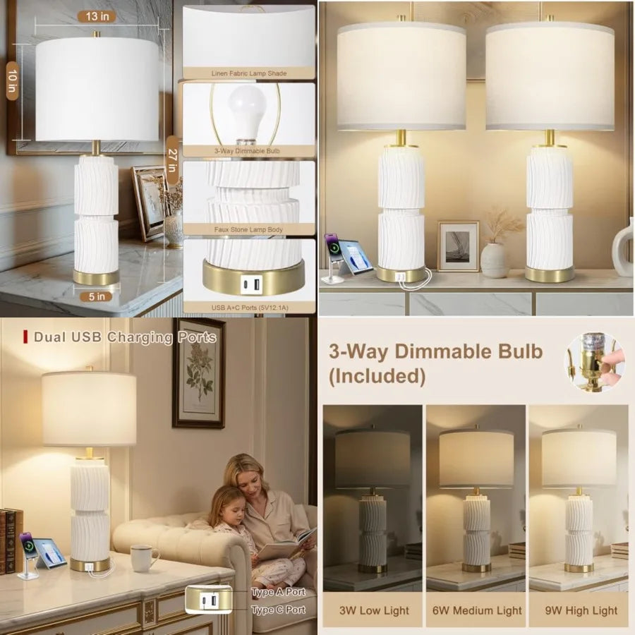 Boho Faux Stone Lamps Set with Dual USB Charging Ports