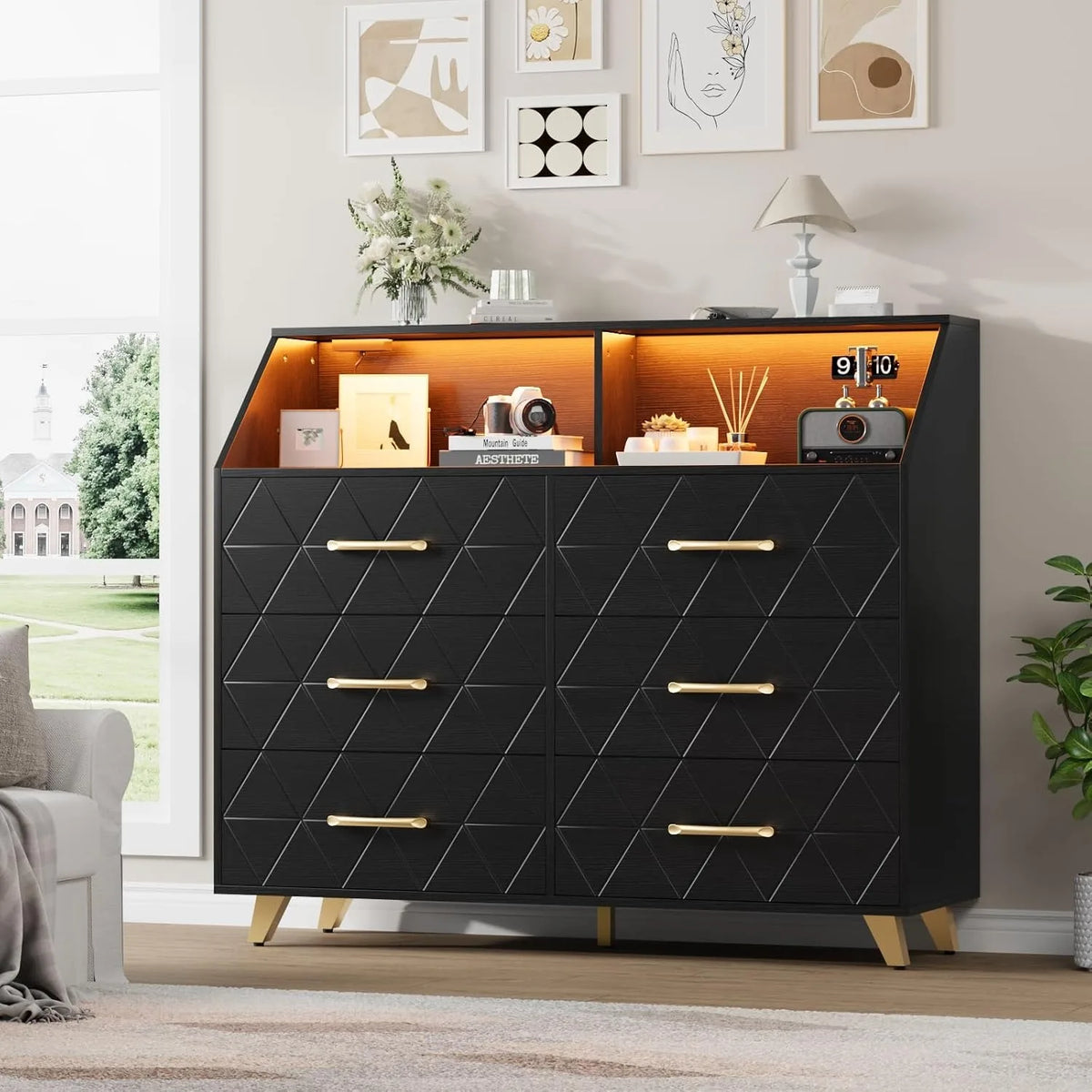 Six Drawer Wooden Dresser With Integrated Led Charging Station