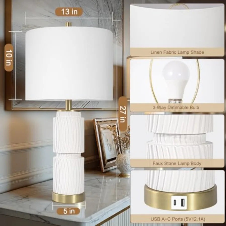 Boho Faux Stone Lamps Set with Dual USB Charging Ports