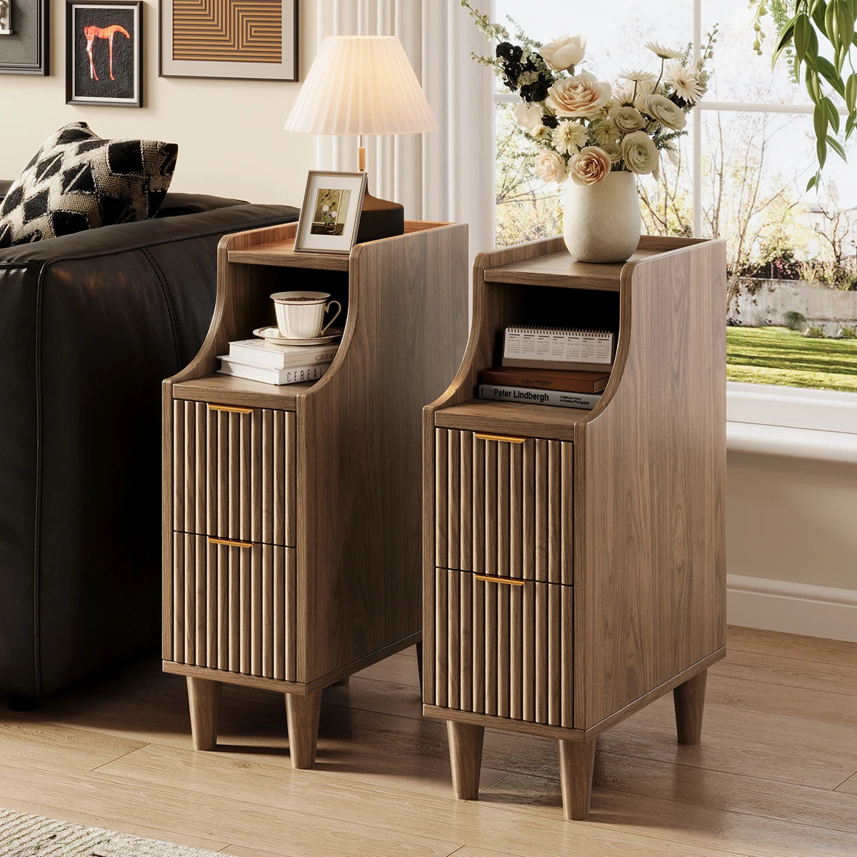 UGTOO Modern Two Drawer Bedside End Table for Bedroom