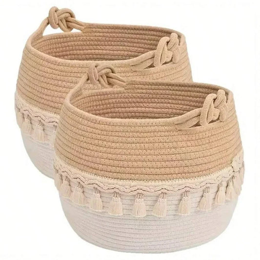 Bamboo Woven Bohemian Toy Storage Basket With Fringe Decor