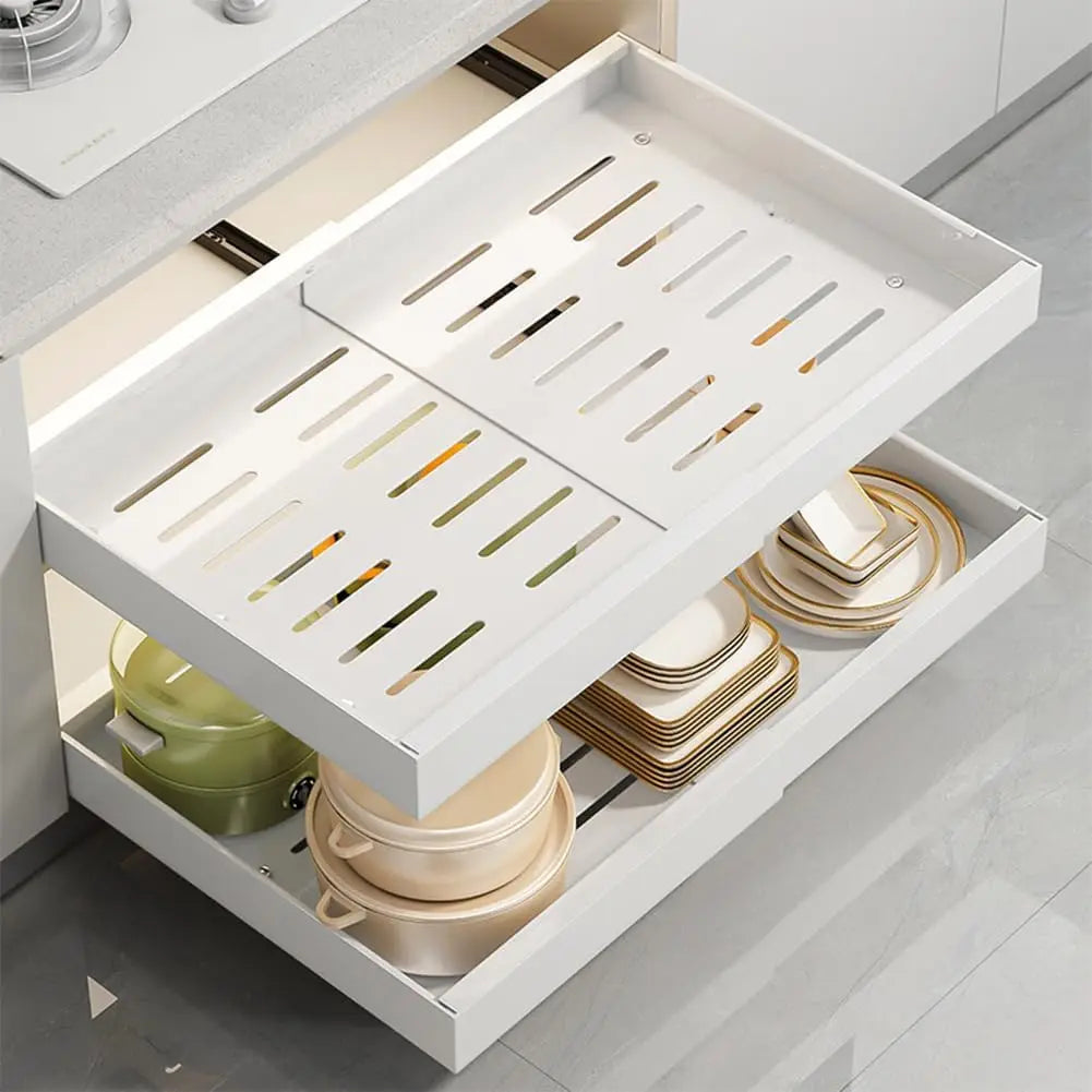 Garvee Expandable Pull Out Cabinet Organizer Adjustable Slide Out Drawer Tool‑Free Installation High Load Capacity Space Saving Practical Multi‑Purpose Cabinet Organizer