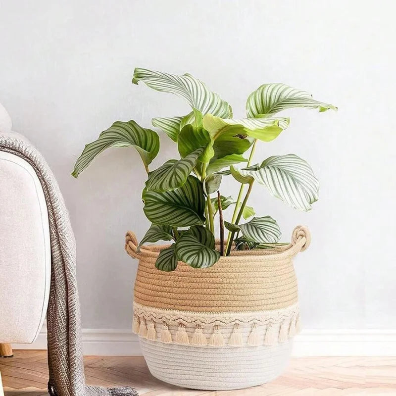 Bamboo Woven Bohemian Toy Storage Basket With Fringe Decor