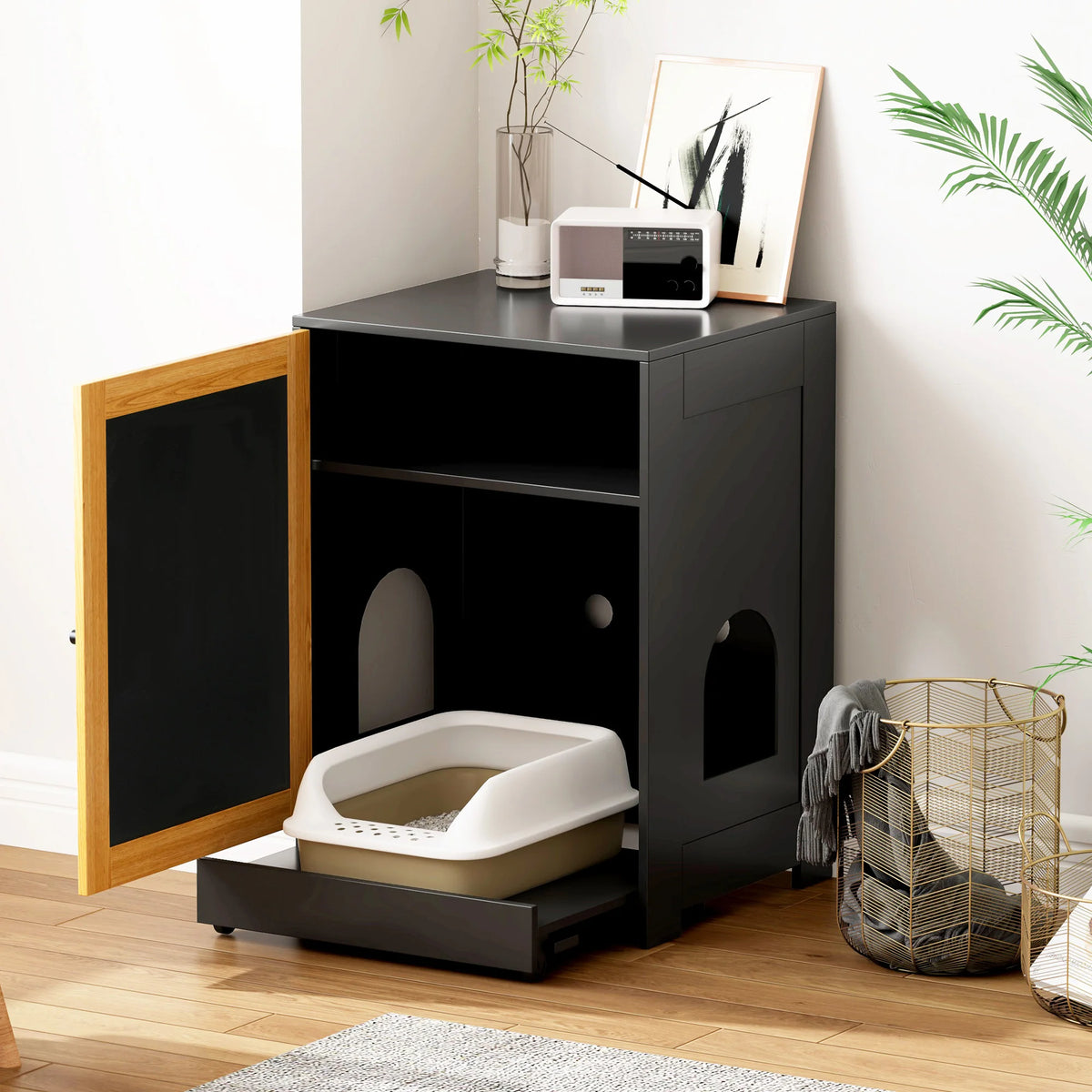 Hidden Cat Litter Box Enclosure Cabinet With Sisal Scratching Door