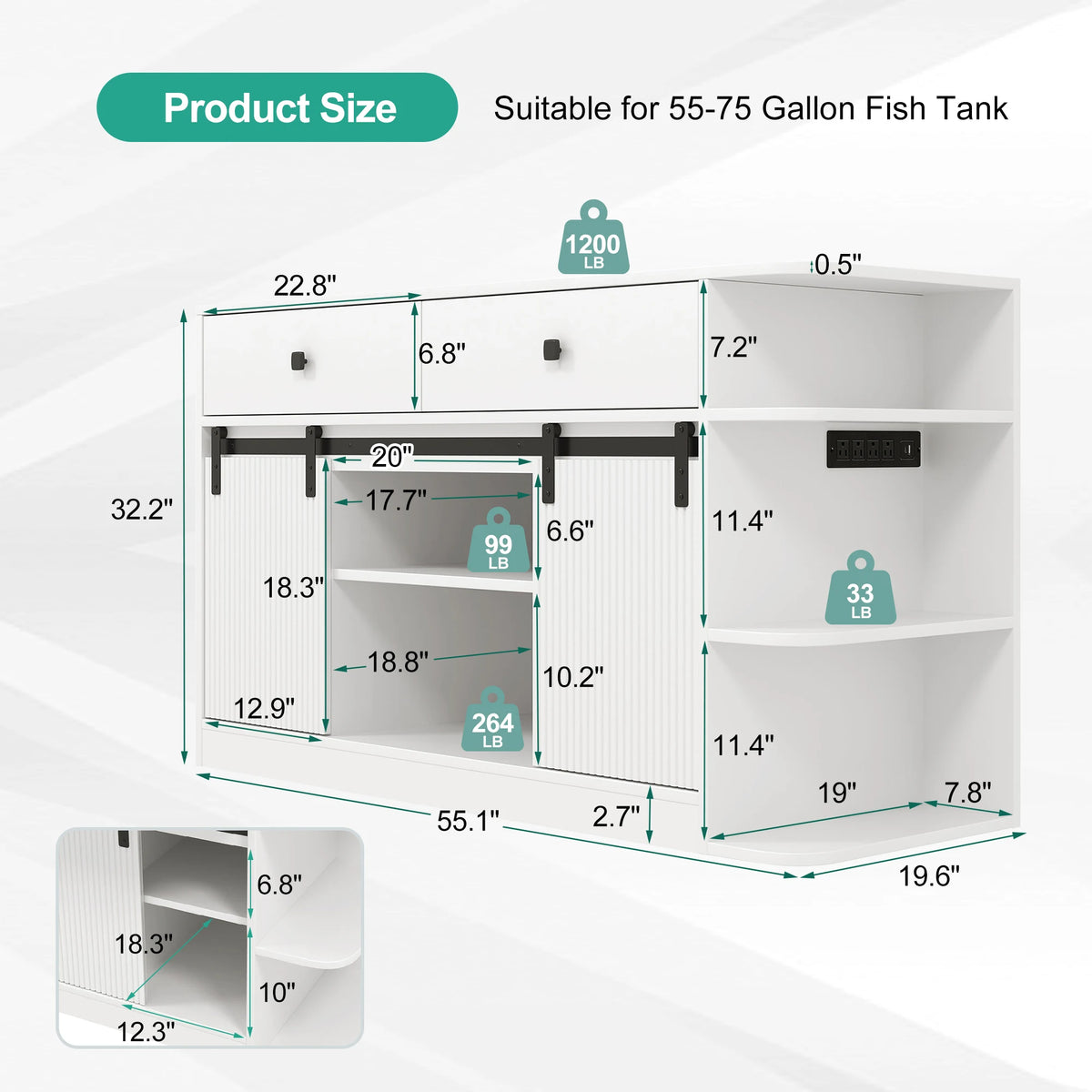 75 Gallon Aquarium Stand with LED Light & Power Outlets, 55-75 Gal Fish Tank Cabinet with Sliding Fluted Doors, 1200 LBS Capacity