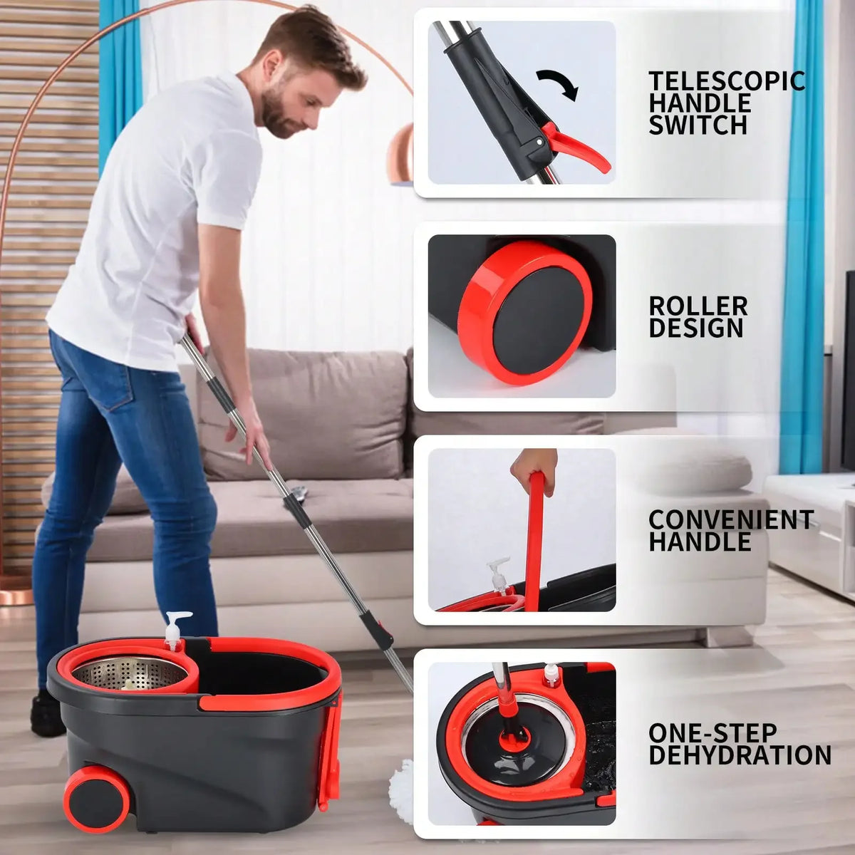 AEDG Heavy Duty Spin Mop Set With Three Microfiber Replacement Heads