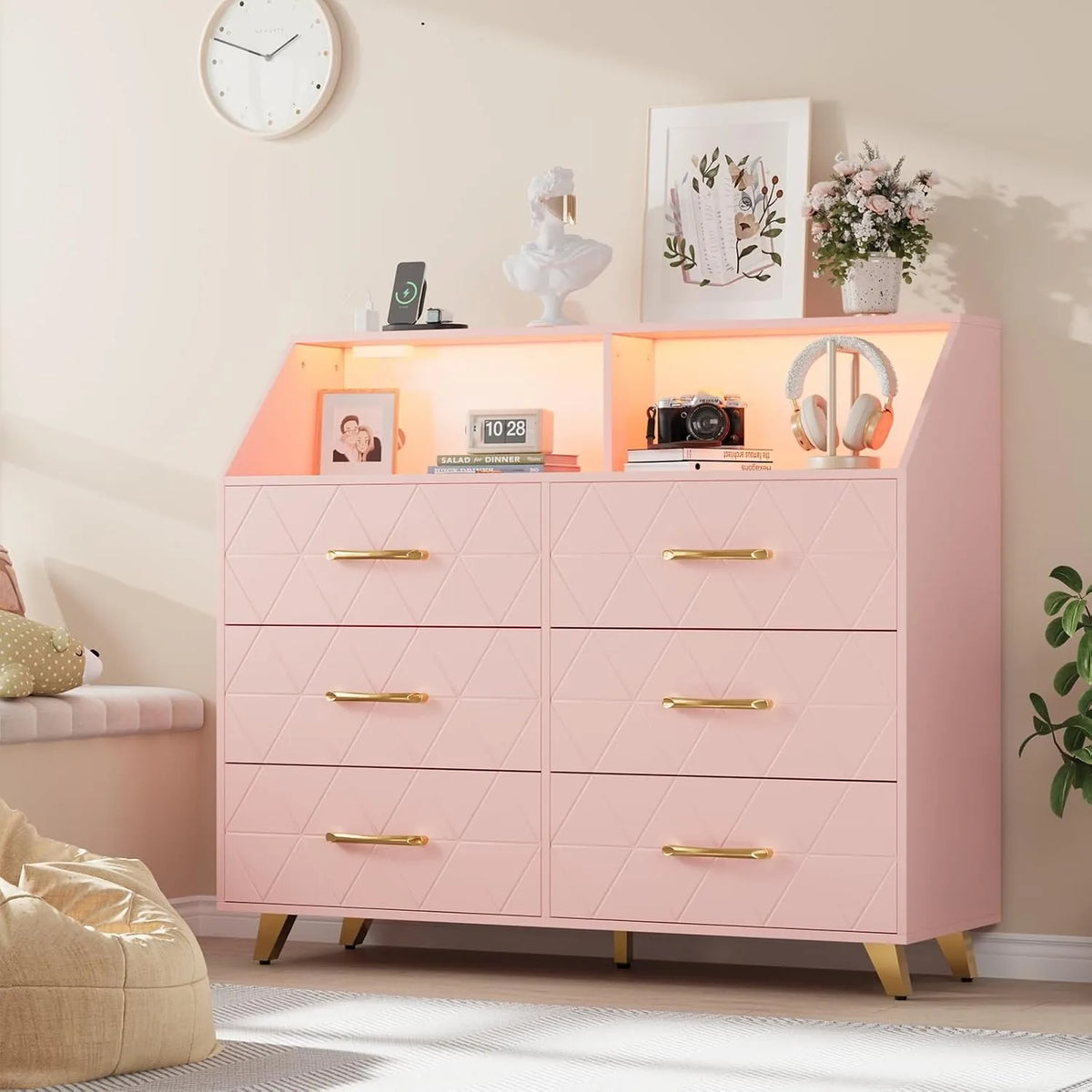 Six Drawer Wooden Dresser With Integrated Led Charging Station