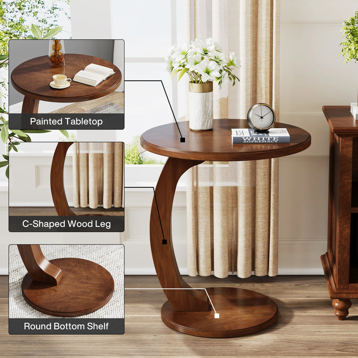 Tribesigns Round Wood End Table With Sleek C Shaped Frame