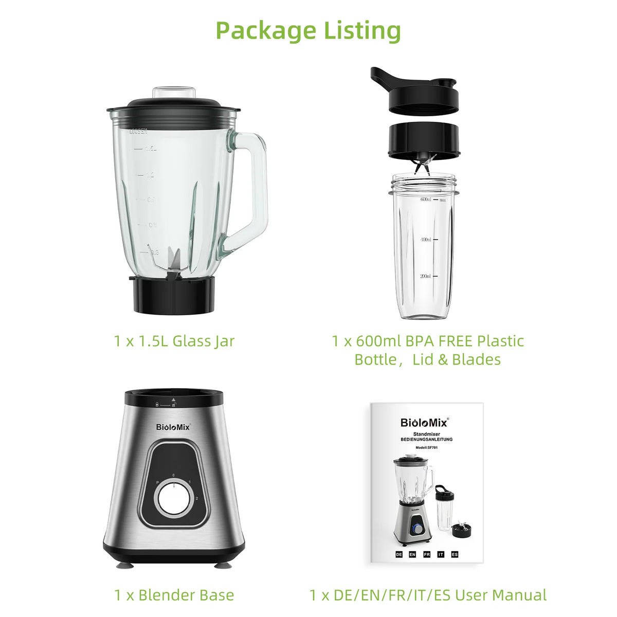 Biolomix 1300W Smoothie Blender With Glass Jar And Ice Crusher