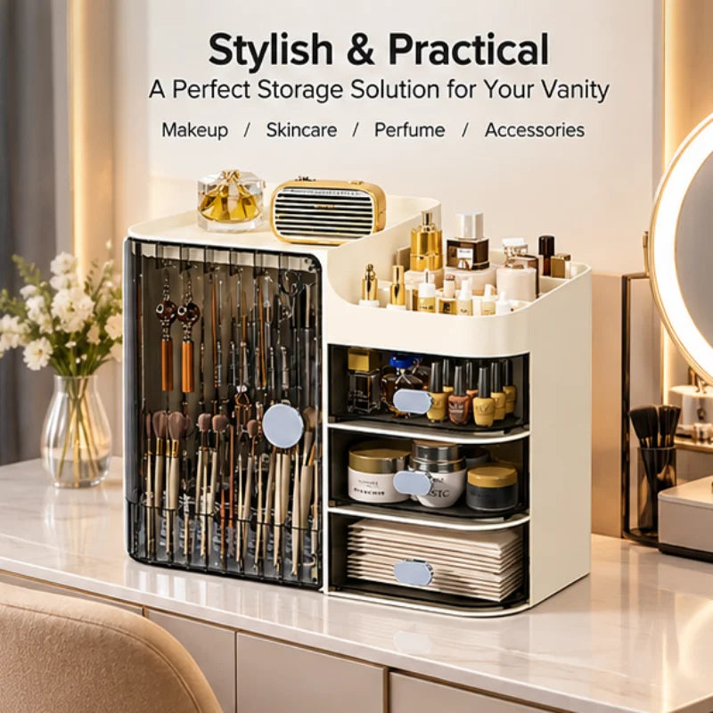Beige Cosmetic Storage Box High Capacity Dustproof Makeup Organizer with Multi Drawers & Brush Holder for Desktop Dresser Home