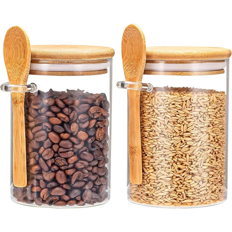Airtight Glass Food Storage Canisters With Wooden Spoons And Lids