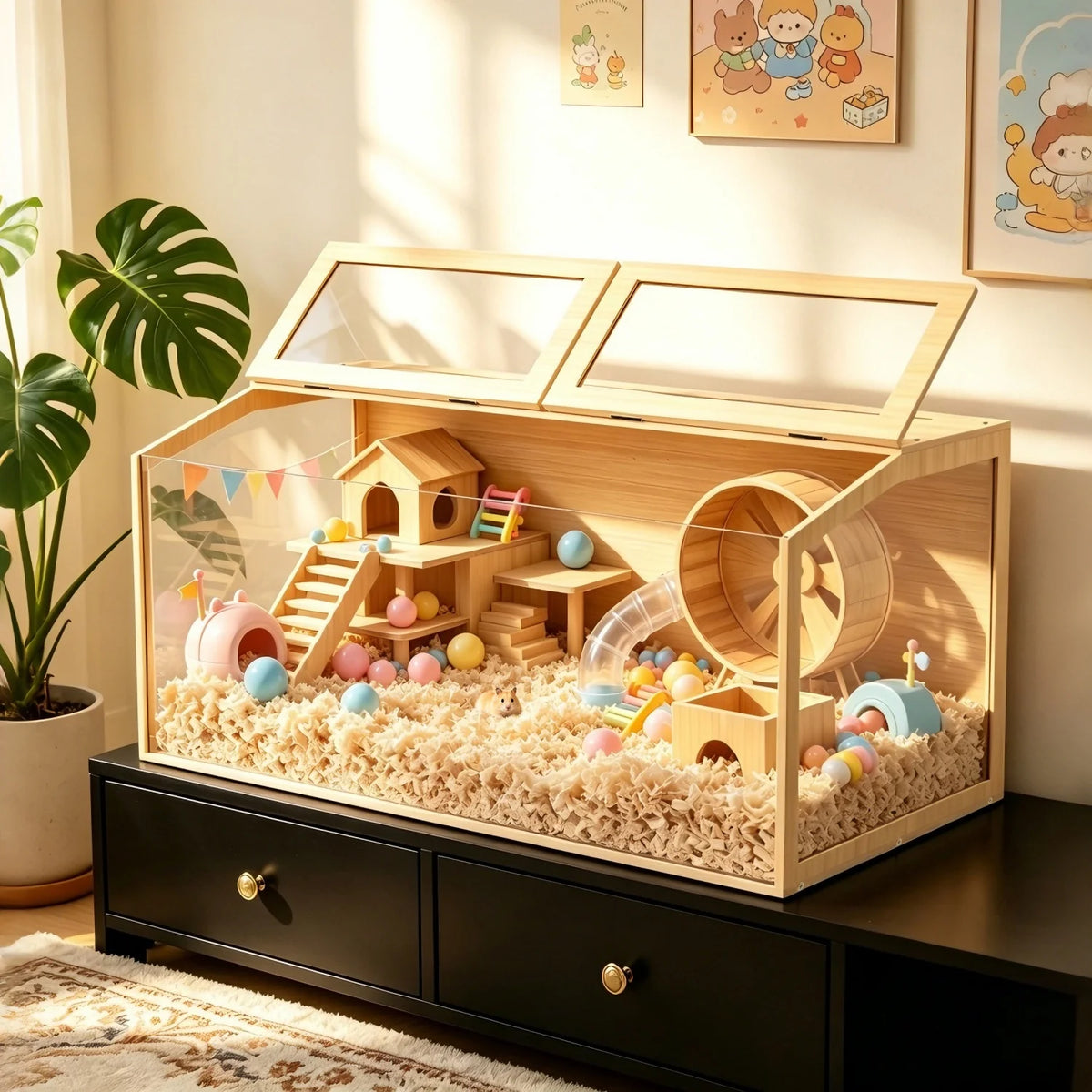 Wooden Hamster Cage Habitat With Openable Top And Glass Panels