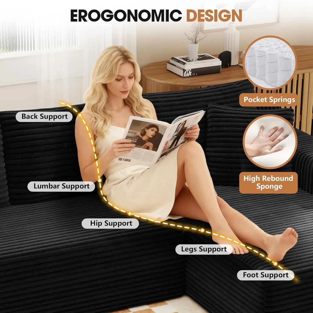 U-Shaped Modular Sectional Sofa With Deep Seat Ottoman Corduroy Fabric