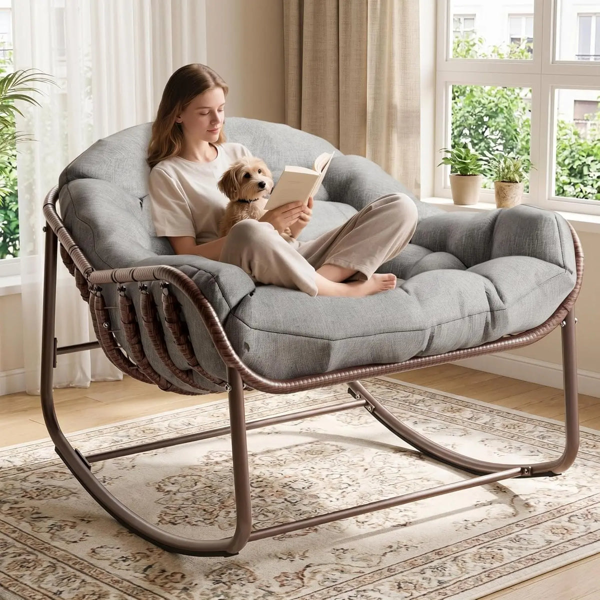 HiMISS Papasan Egg Rocking Chair Outdoor Wicker Frame With Cushion