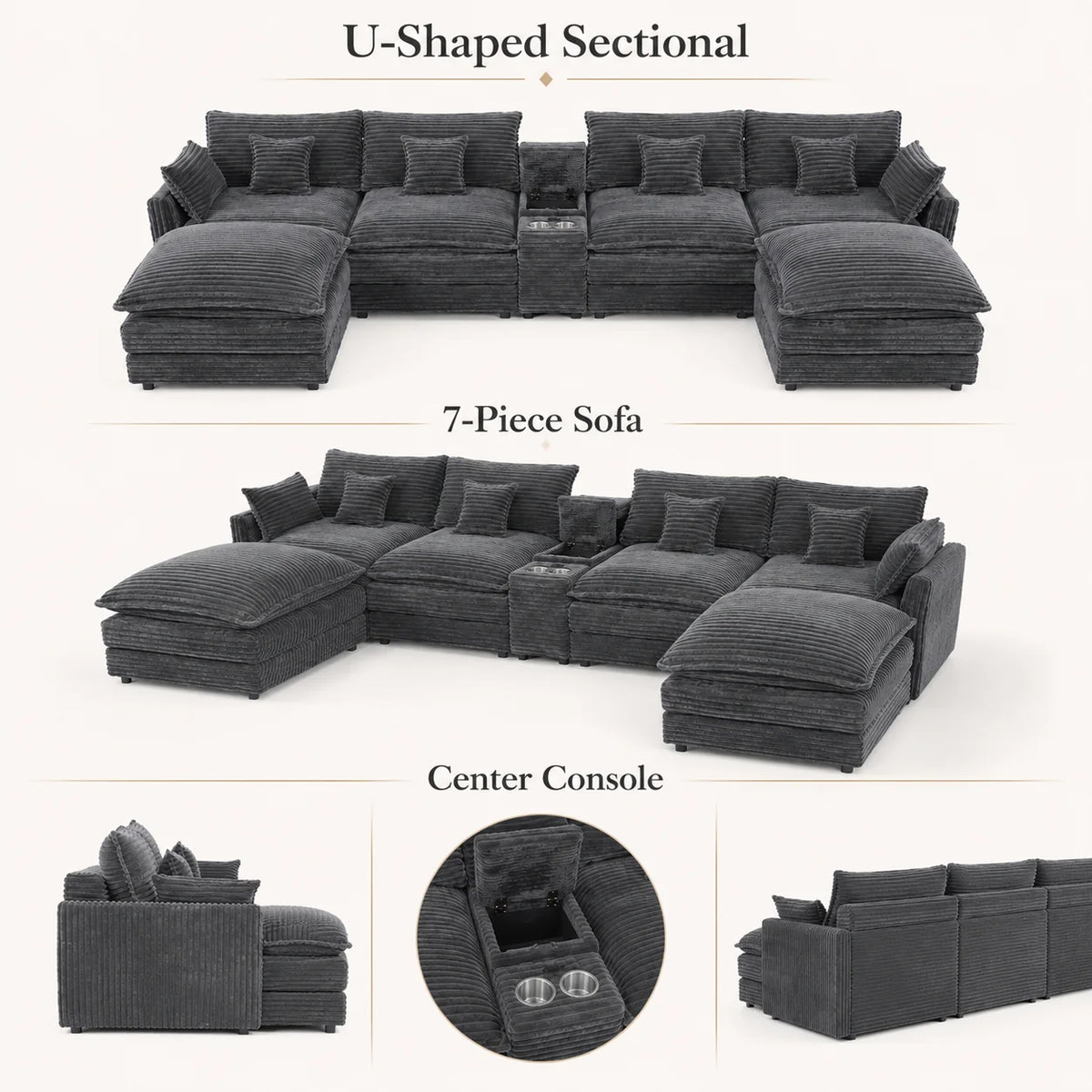 141" 7-Piece U-Shaped Sofa Set, Modular Sectional with Console, Coffee Table & 6 Pillows, for Large Living Room or Office