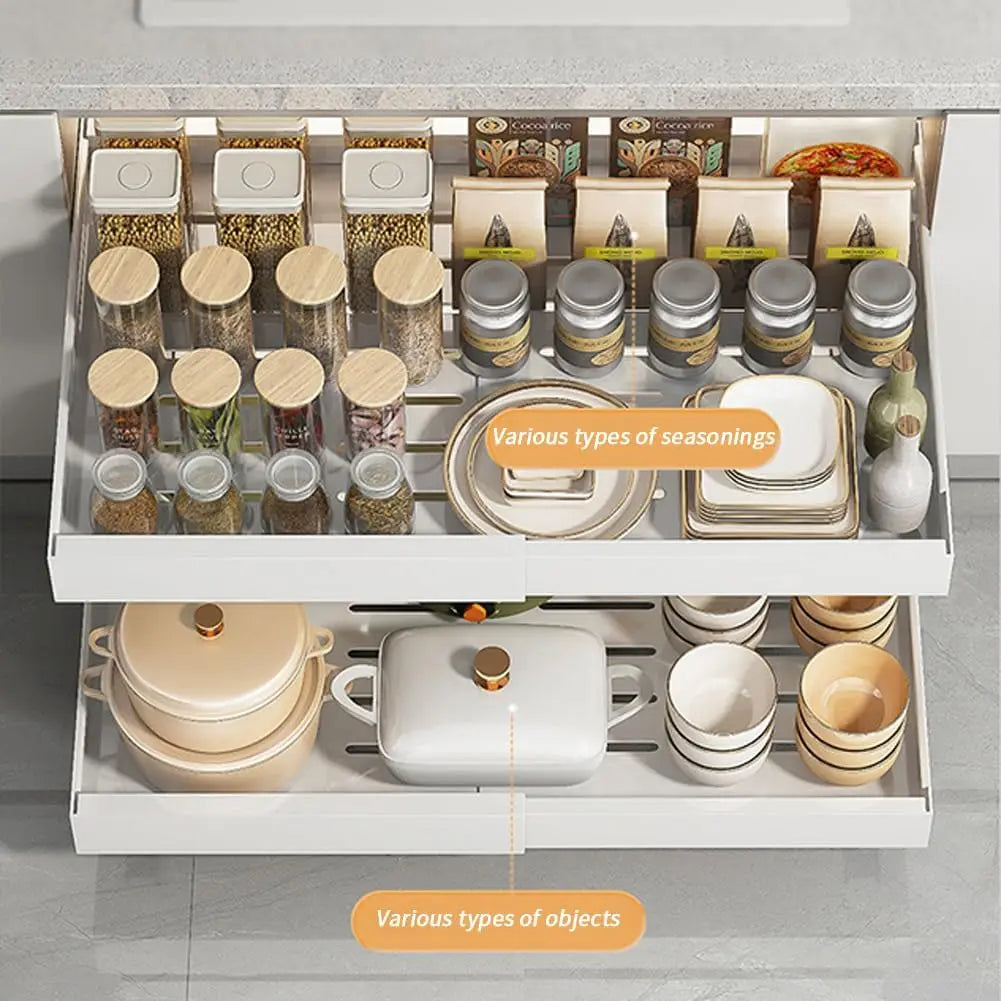 Garvee Expandable Pull Out Cabinet Organizer Adjustable Slide Out Drawer Tool‑Free Installation High Load Capacity Space Saving Practical Multi‑Purpose Cabinet Organizer