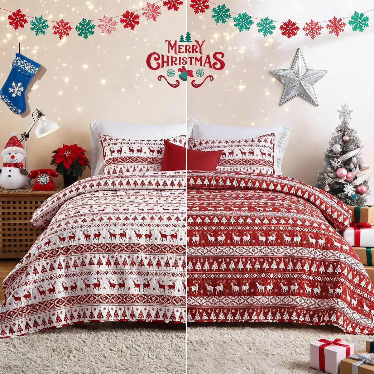 Christmas Snowflake Fleece Quilt Set Soft Warm Winter Bed Cover