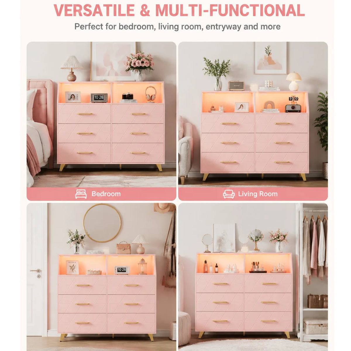 Six Drawer Wooden Dresser With Integrated Led Charging Station